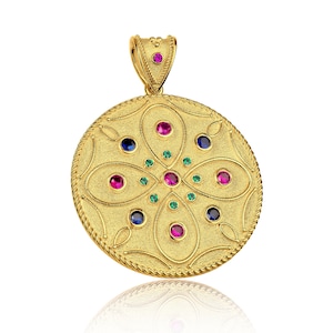 Ruby Sapphire Emeralds Big Round Byzantine Pendant, Byzantine Jewelry, Greek Jewelry, 14K 18K Gold, Geometric Pendant, Greek Pendant