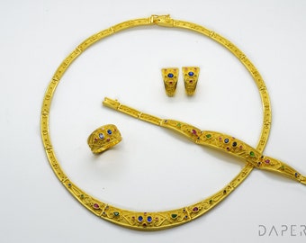 Etruscan Style Jewelry Set: 22K Gold Plated Sterling Silver, CZ Gemstones