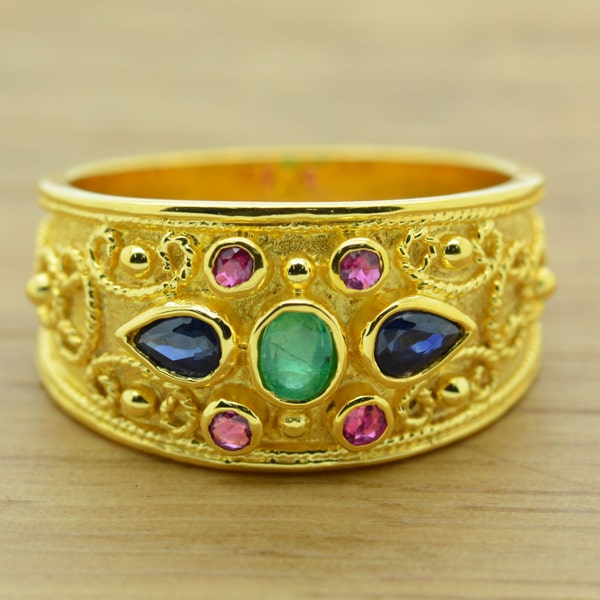 14K Solid Gold Gemstone Ring, Byzantine Filigree, Handmade Greek Jewelry