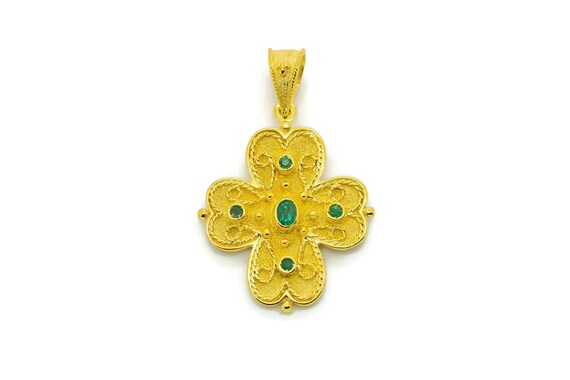 18K Gold Cross Natural Emerald Cross 