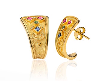 18K Gold Byzantine Earrings, Ruby, Emerald, Sapphire, Handmade Greek Jewelry