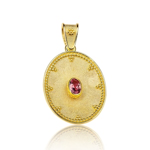 Pink Tourmaline  Pendant, Green Tourmaline, Byzantine Jewelry, Greek Jewelry, Greek Gold Pendant, Oval Pendant, 6X4 Oval, Byzantine Pendant