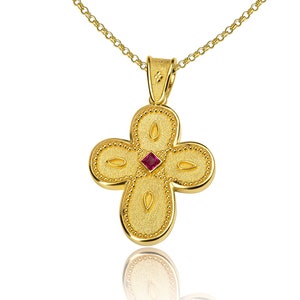 Ruby Cross, Byzantine Cross, Greek Cross, Gold Cross, Orthodox Cross, Baptism Cross, 18K Solid Gold, Etruscan Cross, Gemstone Cross