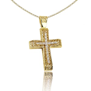 Women Cross, Double Sided Cross, 14k Baptism Cross, 14K Yellow Gold Cross, Greek Cross, Greek Jewelry, Cz Cross