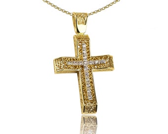 Women Cross, Double Sided Cross, 14k Baptism Cross, 14K Yellow Gold Cross, Greek Cross, Greek Jewelry, Cz Cross