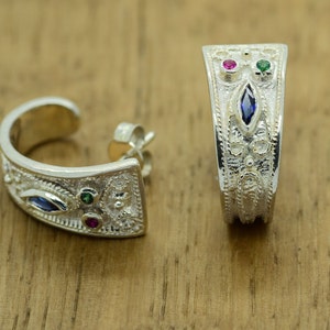 Multi Color Earrings, Byzantine Earrings Medieval Earrings Rubies Emeralds Sapphires 925 Sterling Silver Platinum Plated High Quality