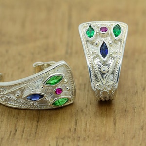 Navette Earrings, Byzantine Earrings, Medieval Earrings, Rubies Emeralds Sapphires 925 Sterling Silver Platinum Plated High Quality Greek