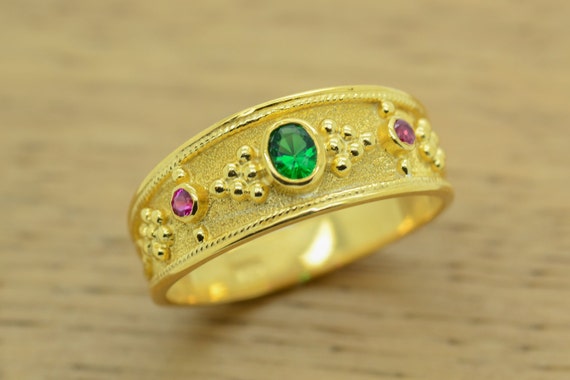 Argent sterling Saphir Rubis 22K Plaqué or byzantin étrusque Bague
