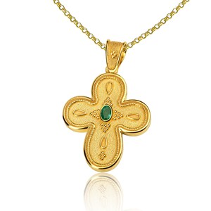 18K Solid Gold Byzantine Emerald Cross Pendant, Greek Jewelry