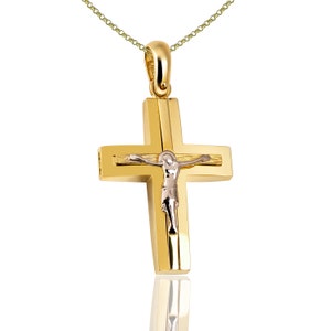 14K Yellow Gold Cross, Double Sided Gold Cross, 14k Baptism Cross, Greek Gold Cross, Greek Jewelry, Two Tone Cross Necklace, Man Cross