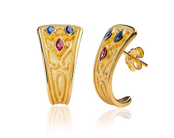 18K Gold Byzantine Earrings, Ruby Emerald Sapphire, Greek Jewelry