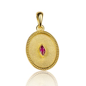 Navette Ruby Pendant, Byzantine Jewelry, Greek Jewelry, Byzantine Pendant, 14K 18K Gold, Geometric Pendant, Oval Greek Pendant