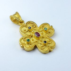 Byzantine Cross Pendant Natural Sapphire Natural Emerald Natural Ruby 925 Sterling Silver 22K Gold Plated orthodox cross