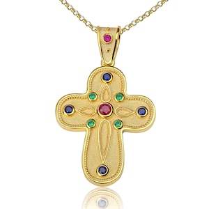 Multi Gem Cross Pendant, Byzantine Cross, Greek Gold Cross, Orthodox Cross, Baptism Cross, 18K Solid Gold, Gemstone Ruby Emerald Sapphire