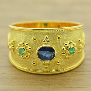 Sapphire Engagement Ring, Oval Sapphire Ring, 14K Yellow Solid Gold Byzantine Etruscan Ring Natural Sapphire Emerald Gemstone Ring