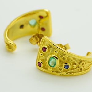 Hugging Earrings Gift for Her, Multi Color Earrings, Byzantine Earrings Rubies Emeralds Sapphires, Huggie Silver Earrings ,22K Gold Plated