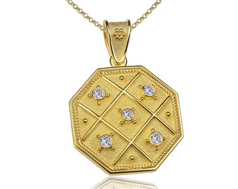 Diamond Byzantine Pendant, Solid Gold Octagon, Handmade Greek Jewelry