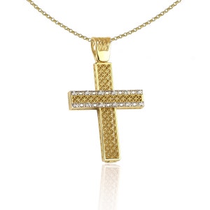 Women Cross, Double Sided Cross, 14k Baptism Cross, 14K Yellow Gold Cross, Greek Cross, Greek Jewelry, Cz Cross