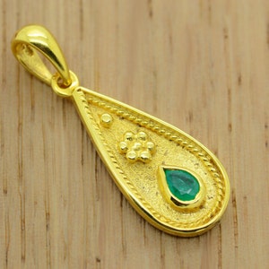 Natural Emerald Pendant, 14K Yellow Gold, Etruscan Pendant, Byzantine Pendant, Greek Pendant, Filigree  Pendant, Greek Jewelry, Gemstone