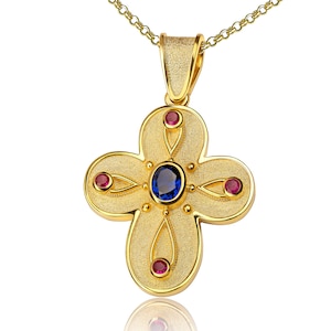 Sapphire Ruby Cross Byzantine Cross, Greek Cross, Gold Cross, Orthodox Cross, Baptism Cross, 18K Solid Gold, Gemstone Cross