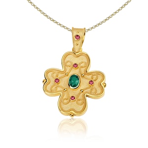 Natural Emerald Ruby Cross, Byzantine Cross, Greek Cross, Gold Cross, Orthodox Cross, Baptism Cross, 18K Solid Gold, Gemstone Cross