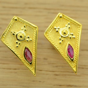 14K Solid Gold Byzantine Etruscan Earrings With Natural Rubies, Elegant Earrings, Greek Gold Jewelry Earrings, High Quality Handmade product
