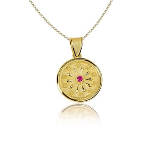 Runder byzantinischer Anhänger mit Rubin, byzantinischer Schmuck, griechischer Schmuck, 14K 18K Gold, geometrischer Anhänger, griechischer Anhänger, griechischer Schmuck