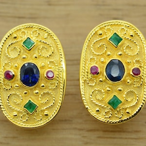 Solid Gold Earrings, Fine Earrings, 14K Gold Byzantine Etruscan Earrings Emeralds Sapphire Ruby, Greek Earrings Jewelry Made In Greece