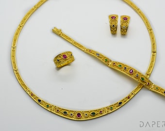 Etruscan Jewelry Set: 22K Gold Plated Sterling Silver, Byzantine Style