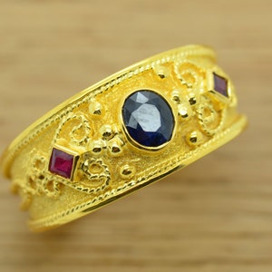 Bague de fiançailles en saphir naturel, alliance unique, bague de style ancien, bague de style vintage, or massif 14 carats, bague en or jaune