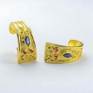 Medieval Earrings, Byzantine Earrings-Natural Rubies,Sapphires-925 Sterling Silver 22K Gold Plated-High Quality product