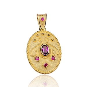 Natural Amethyst Pendant, Byzantine Jewelry, Greek Jewelry, Byzantine Pendant, Gold Pendant, Natural Gemstones, Multigem, Oval Pendant