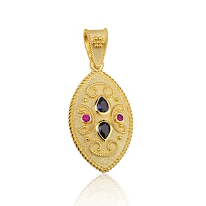 Byzantine Pendant, Ruby Sapphire, Yellow Gold, Byzantine Jewelry, Greek Jewelry, 14K 18K Gold, Geometric Greek Pendant, Greek Jewelry
