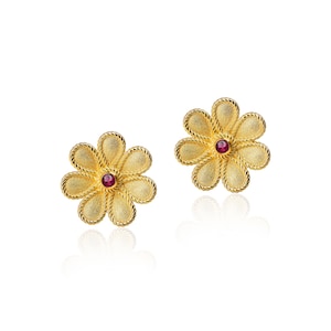 Ruby Flower Earrings, Byzantine Drop Earrings, Natural Ruby Earrings, 18K  14K Gold Earrings, Yellow Gold, Greek Earrings, Women