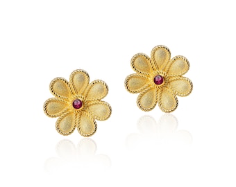 18K Gold Ruby Flower Earrings, Handmade Byzantine Style