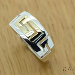 Gold and Silver Greek key Ring 14K solid gold& 925 Solid Sterling Silver Eternity key Ring  High Quality Handmade Greek Art