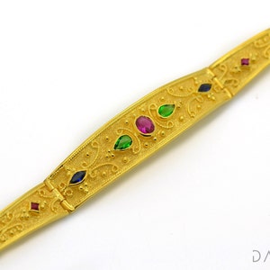 14K Solid Gold Byzantine Bracelet Natural Rubies Emeralds Sapphires Gemstone Bracelet Greek Jewelry Etruscan Style, Filigree Gold Bracelet