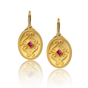 Byzantine Drop Ruby Earrings, Natural Ruby Earrings, 14K Gold Earrings, Yellow Gold, Byzantine Earrings, Greek Earrings, Woman Earrings