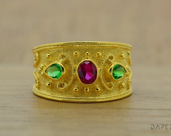 Gold Plated Sterling Silver Byzantine Ring, Ruby, Emerald, CZ, Greek Jewelry