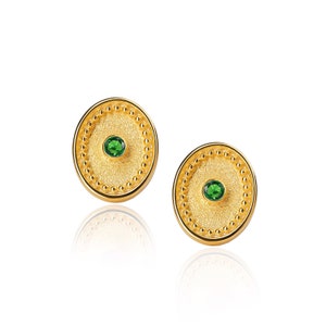 Stud Emerald Earrings, Byzantine Earrings, Green Natural Emerald Earrings, 18K  14K Gold Earrings, Yellow Gold, Greek Earrings, Women