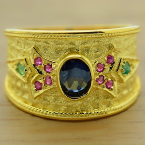 Oval Sapphire Ring, 14K Solid Gold Byzantine Etruscan Ring With Natural Sapphire, Emerald, Ruby.High Quality Handmade, Gemstone Ring