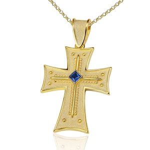 Natural Sapphire Byzantine Cross, Greek Cross, Gold Cross, Orthodox Cross, Baptism Cross, 18K Solid Gold, Ruby Cross, Gemstone Cross