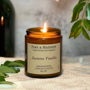 Jasmine Vanilla by Park & Madison is a beautiful light floral that is great year round. This candle is handmade using all-natural soy wax.