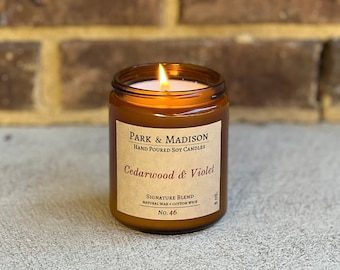 Cedarwood & Violet  Soy Candle | Amber Jar Candle | Woody Candle | Hand Poured Soy Wax Candle