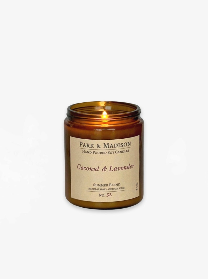 Coconut & Lavender Soy Candle Summer Scented Candle Amber Jar candle image 1