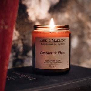 Leather & Plum Soy Candle | Luxury Soy Wax Candle | Amber Jar Candle | Musk Candle | Man Candle