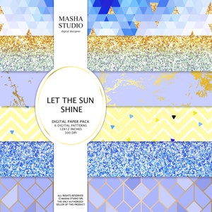 Spring Summer Basic Digital Papers, Blue Glitter Digital Paper, Geometric Pattern, Yellow Pattern, Planner Paper, Digital Fabric
