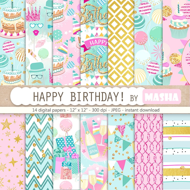 Birthday digital paper: HAPPY BIRTHDAY with party digital paper, party pattern, birthday pattern, cake digital paper, balloon pattern image 1