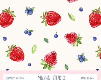 Strawberry and Blueberry Seamless Pattern by Masha Studio | Watercolor Forest Fruits Print | Grandmillennial Background |Digital Download
