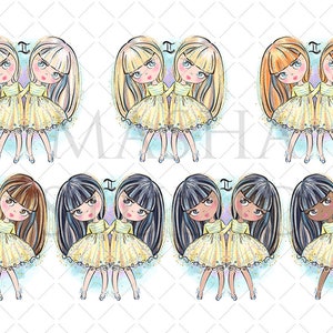 Puede incluir: Una colecci&oacute;n de ilustraciones del signo zodiacal G&eacute;minis. Cada una presenta dos figuras de dibujos animados con diferentes colores de cabello, vestidas con vestidos amarillos. El s&iacute;mbolo de G&eacute;minis est&aacute; encima de cada par. Fondo con patr&oacute;n de diamantes azul claro y blanco.